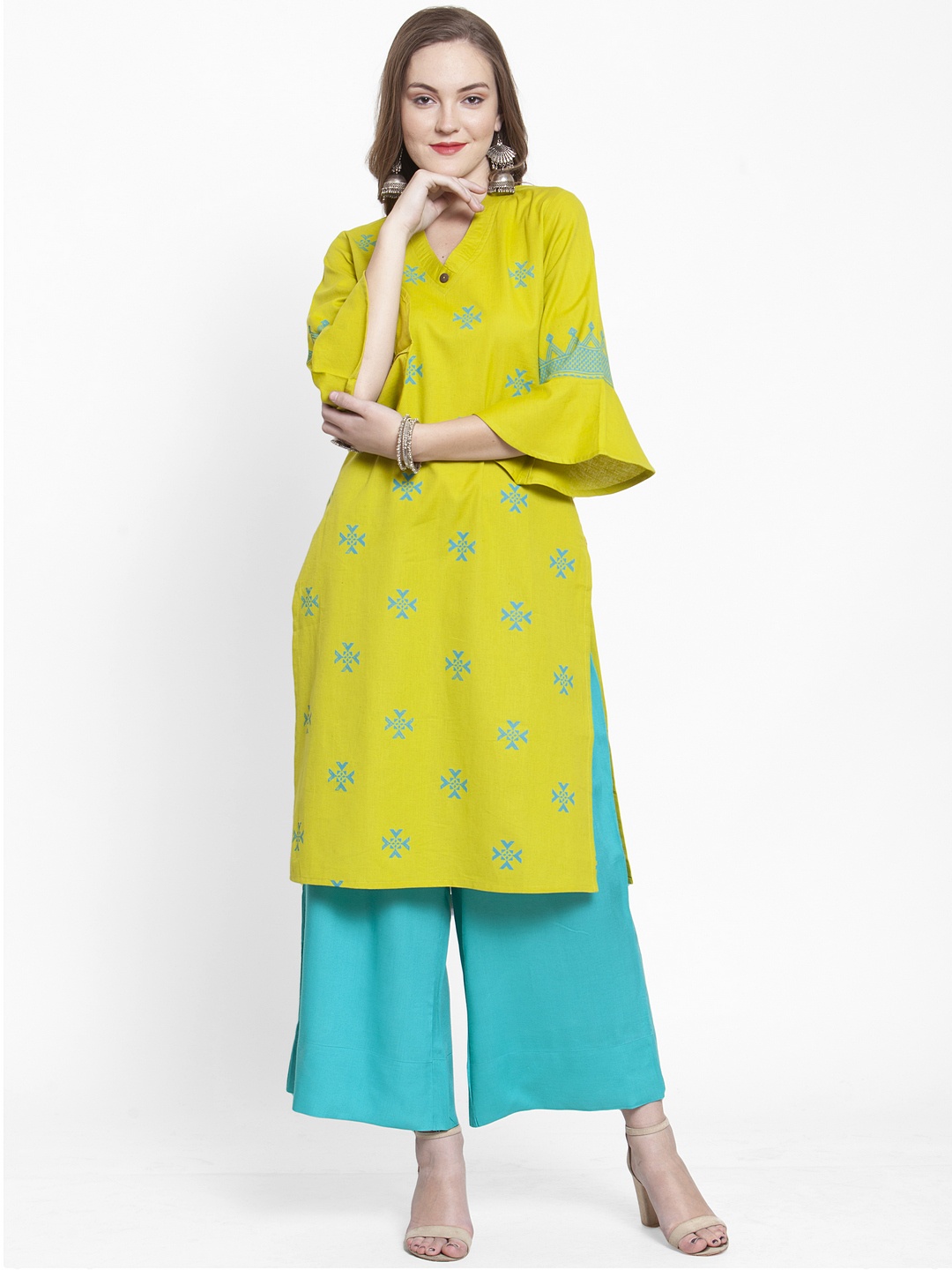 

Varanga Women Lime Green & Turquoise Blue Printed Kurti with Palazzos