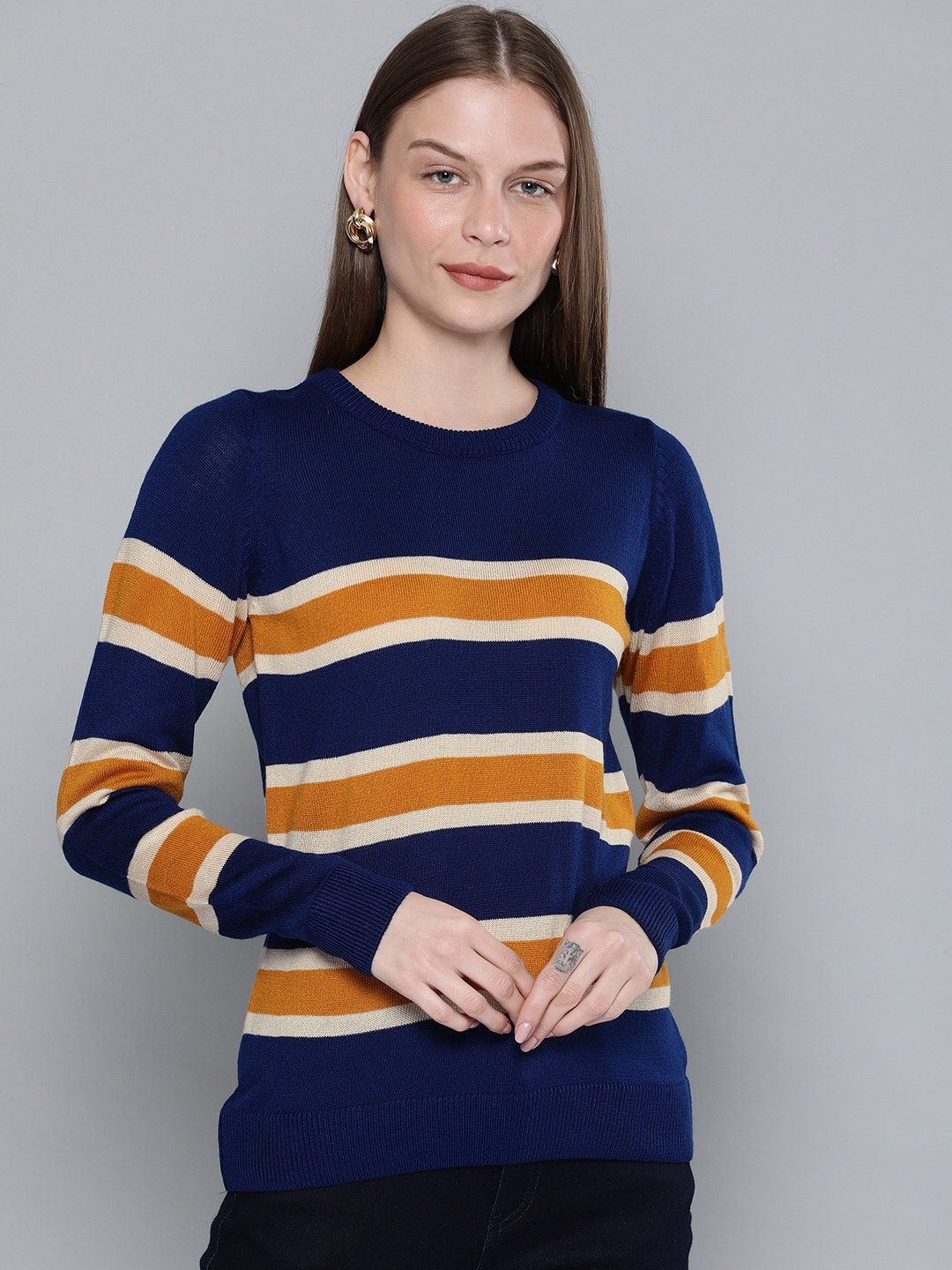 

Chemistry Edition Women Blue & Mustard Yellow Striped Pullover Sweater