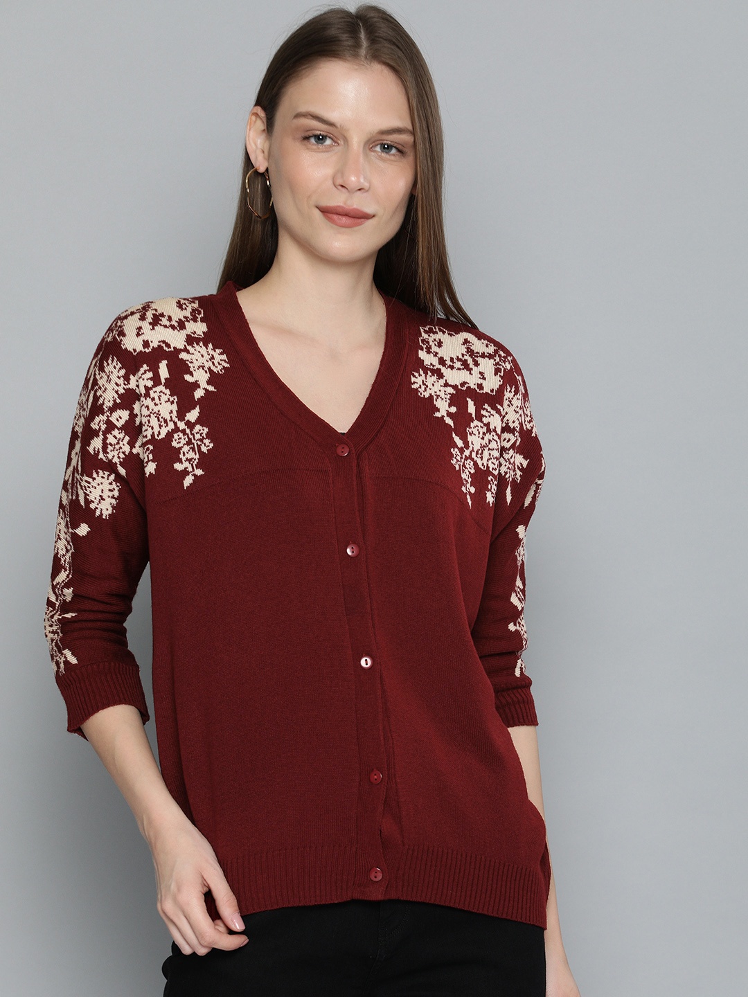 

Chemistry Edition Women Maroon & Beige Self Design Cardigan Sweater