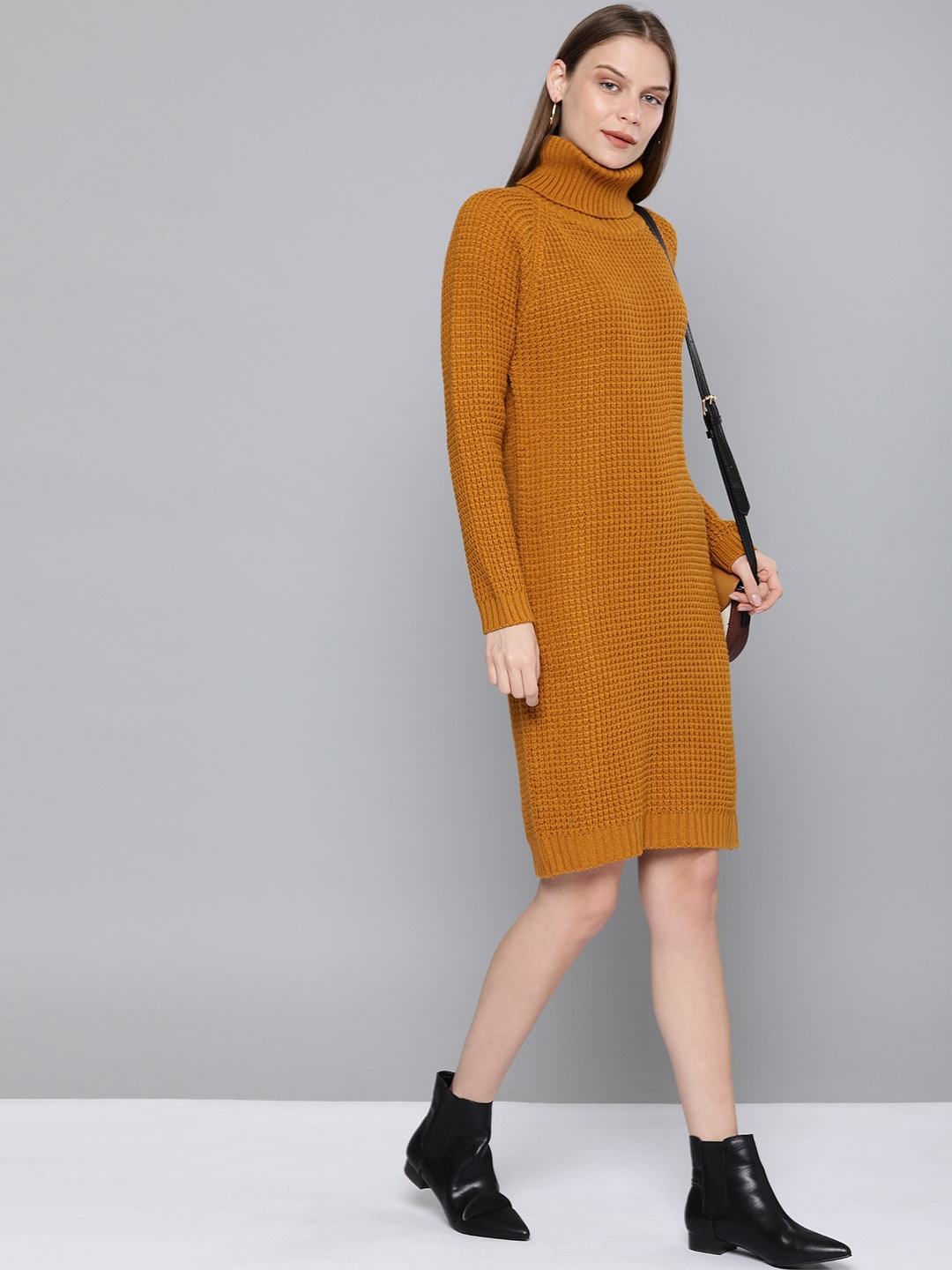 

Chemistry Edition Mustard Yellow Self-Design Jumper Dress