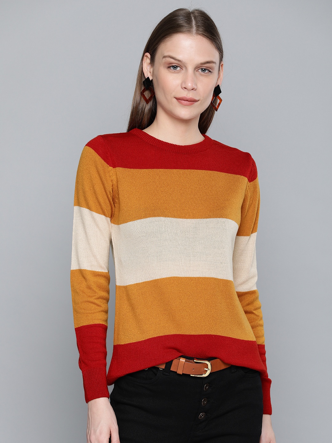 

Chemistry Edition Women Mustard Yellow & Red Colourblocked Sweater