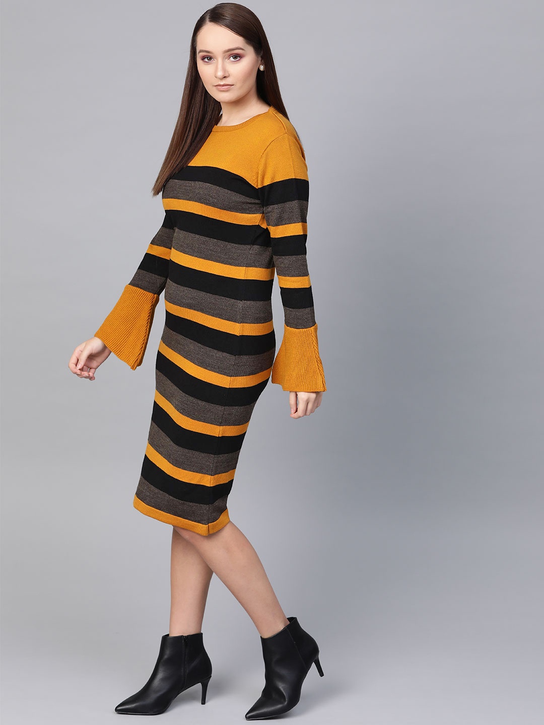 

Chemistry Edition Women Mustard Yellow & Black Striped Sweater Dress