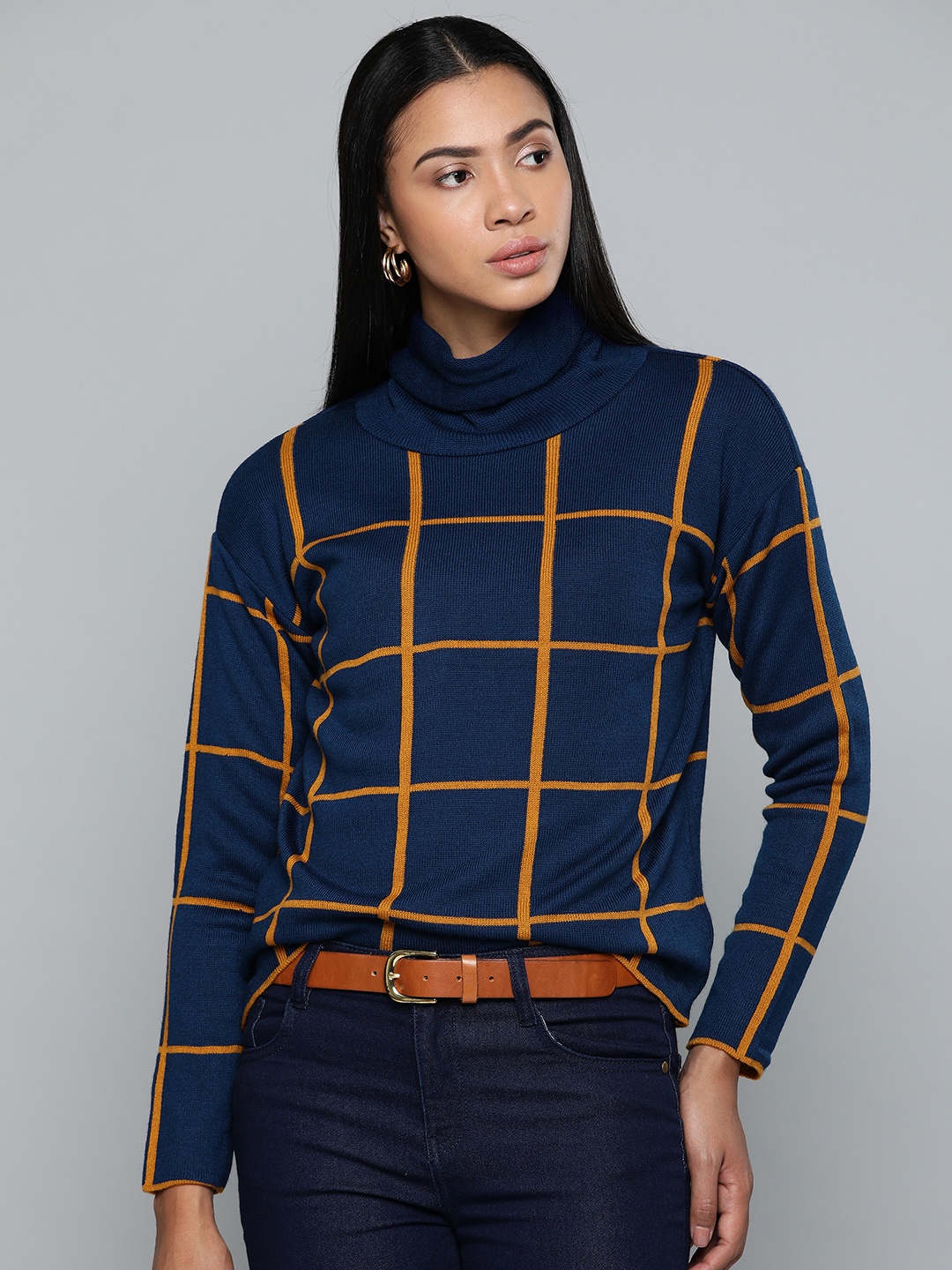 

Chemistry Edition Women Navy Blue & Mustard Yellow Checked Sweater