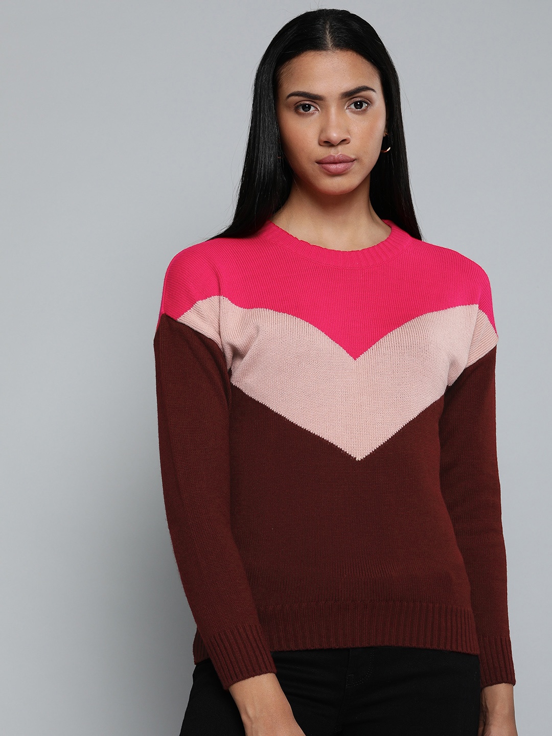 

Chemistry Edition Women Maroon & Pink Colourblocked Sweater