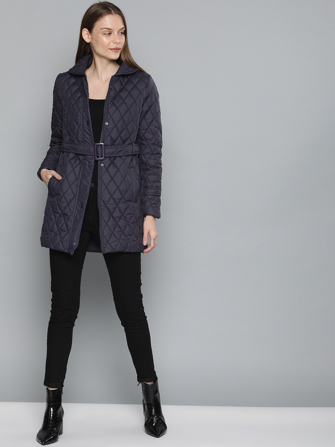 

Chemistry Edition Women Navy Blue Solid Longline Quilted Jacket