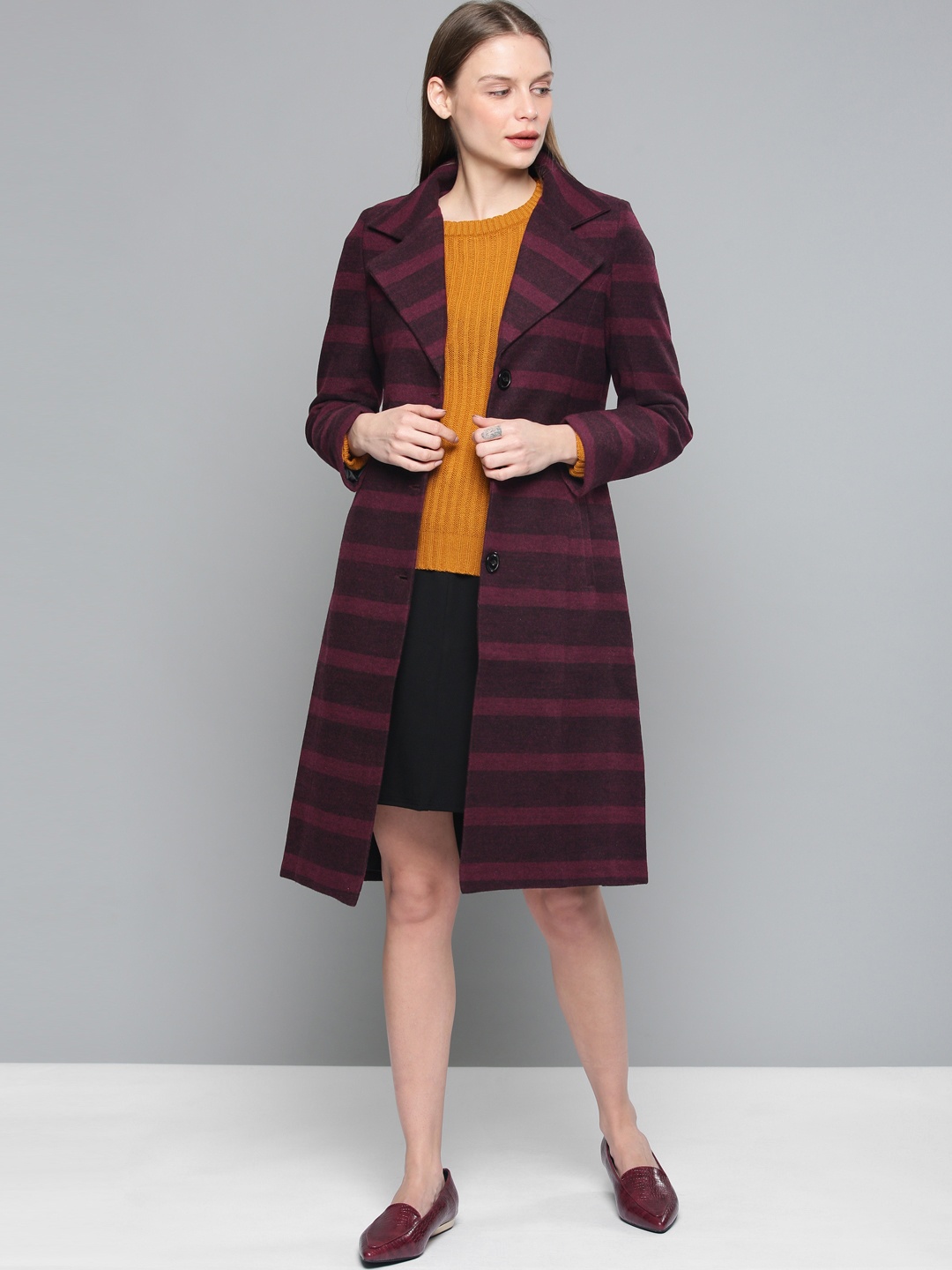 

Chemistry Edition Women Magenta & Black Striped Trench Coat