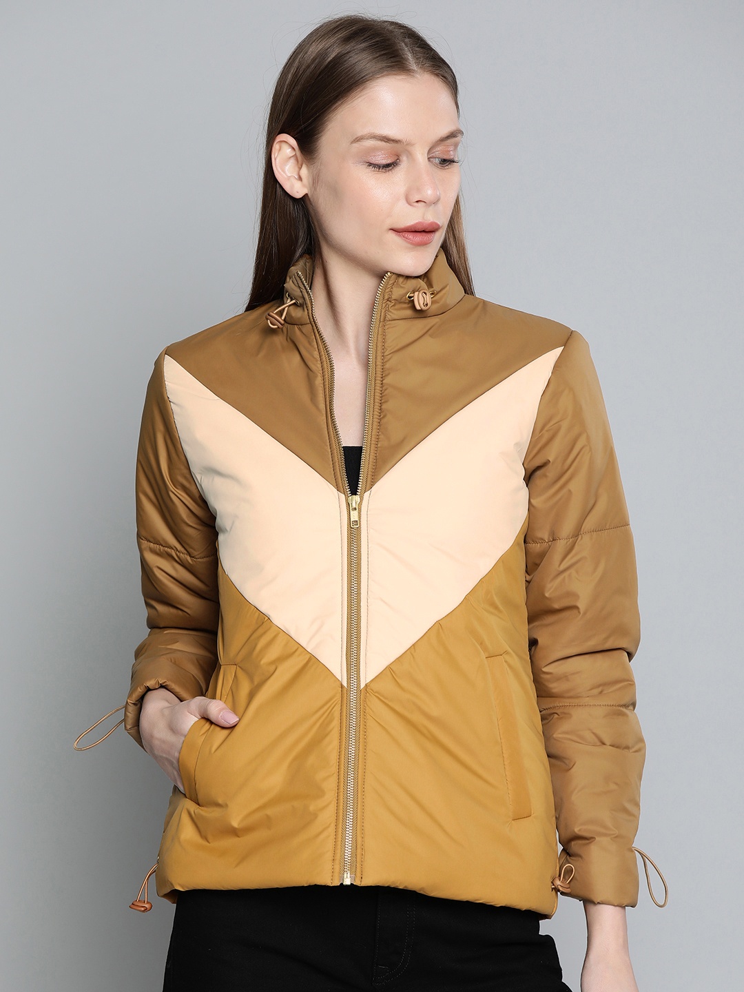

Chemistry Edition Women Mustard Yellow & Peach-Coloured Colourblocked Puffer Jacket
