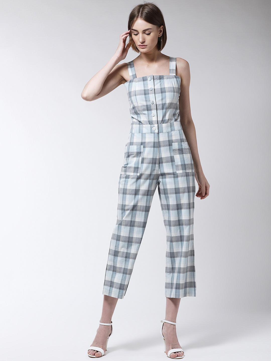 

MAGRE Women Blue & Grey Checked Basic Jumpsuit