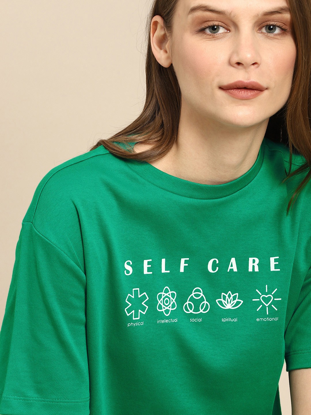 

ether Women Green Printed Round Neck Pure Cotton T-shirt