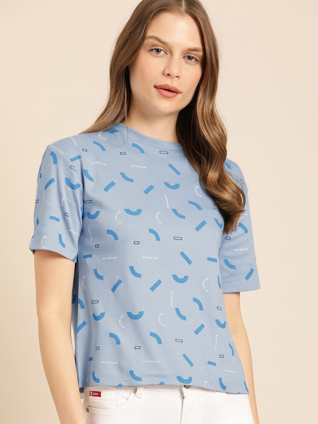 

ether Women Blue Printed Round Neck Pure Cotton T-shirt
