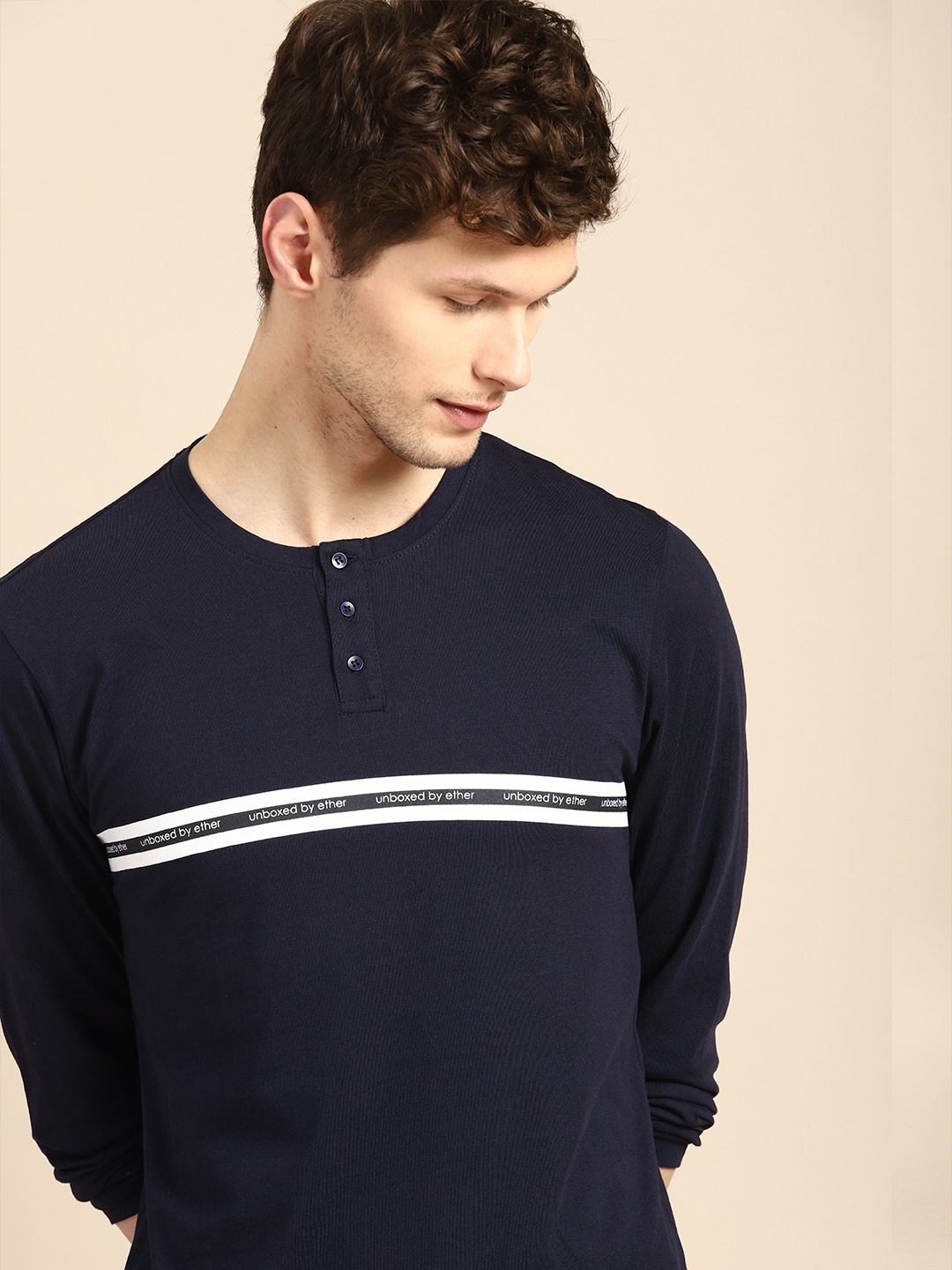 

ether Men Navy Blue Solid Henley Neck Pure Cotton T-shirt
