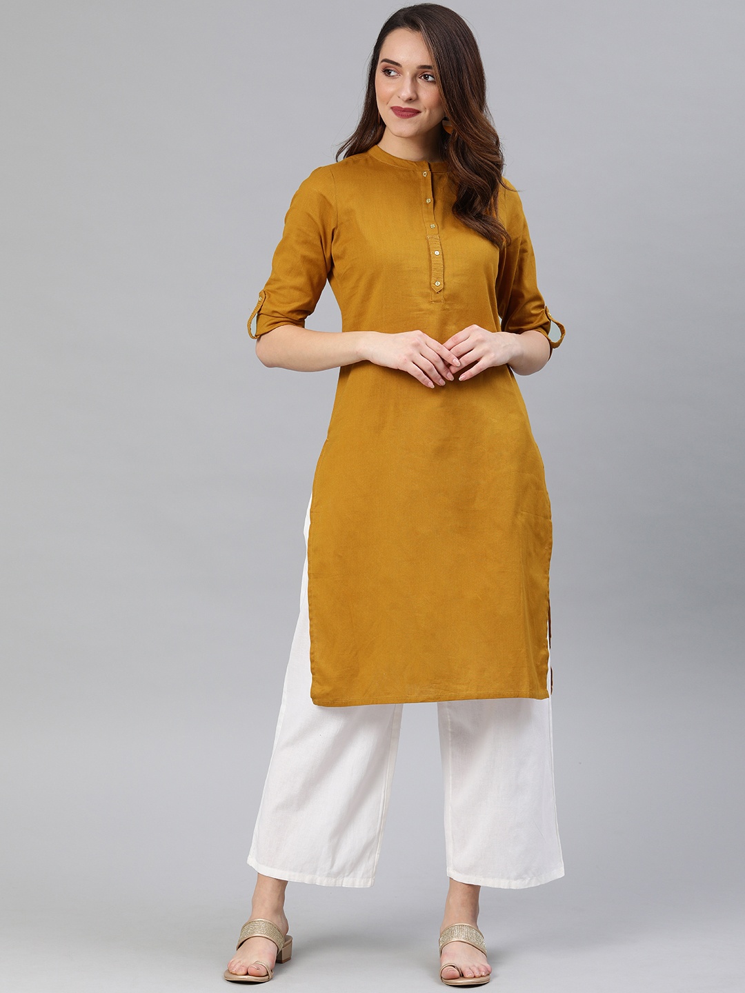 

W Women Mustard Yellow Solid Straight Kurta