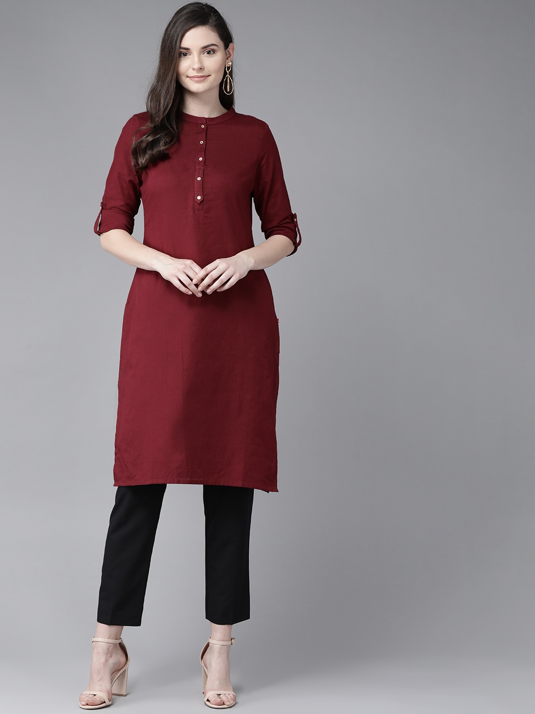 

W Women Maroon Solid Straight Kurta