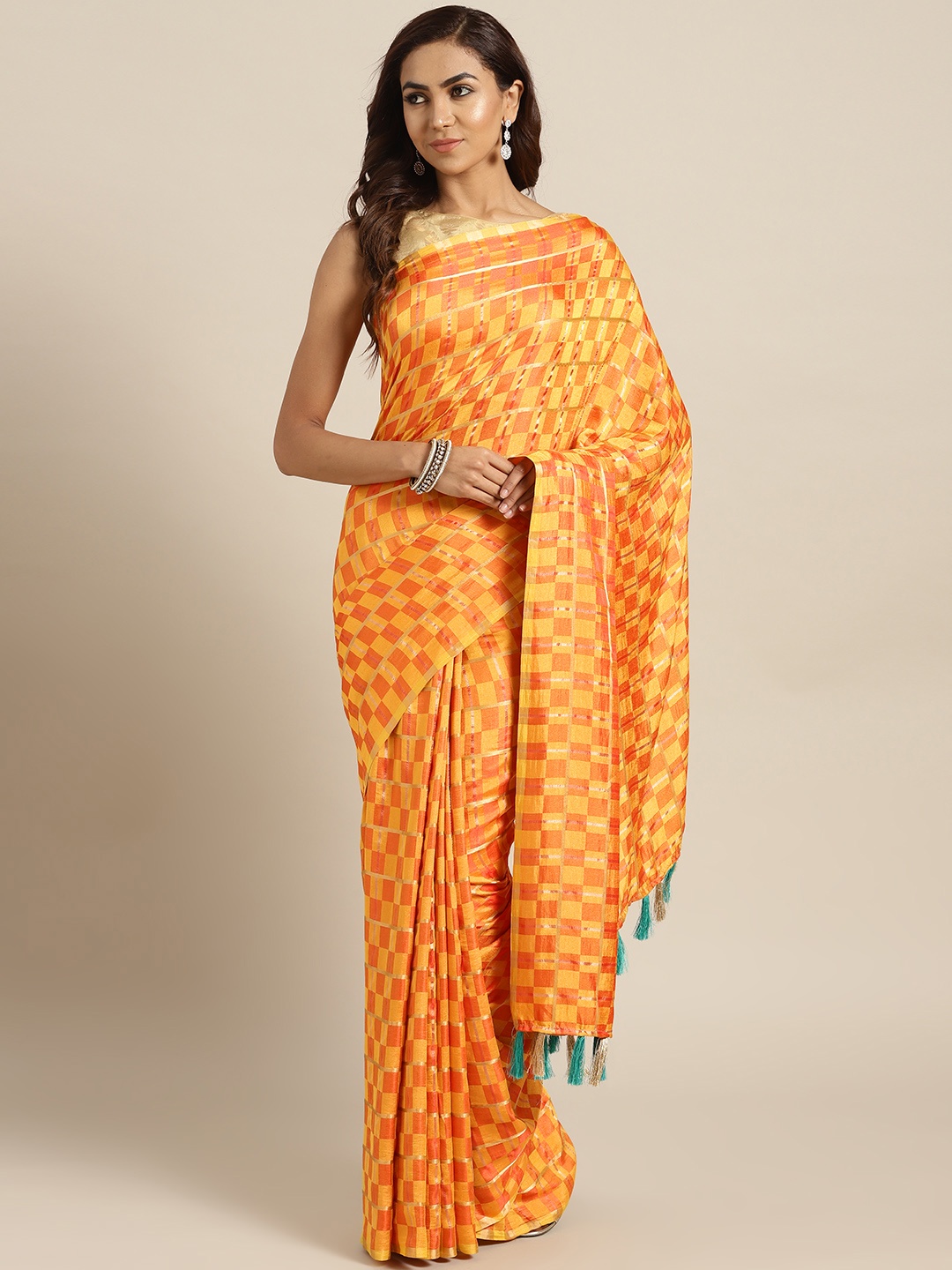 

Chhabra 555 Yellow & Orange Checked Patola Saree