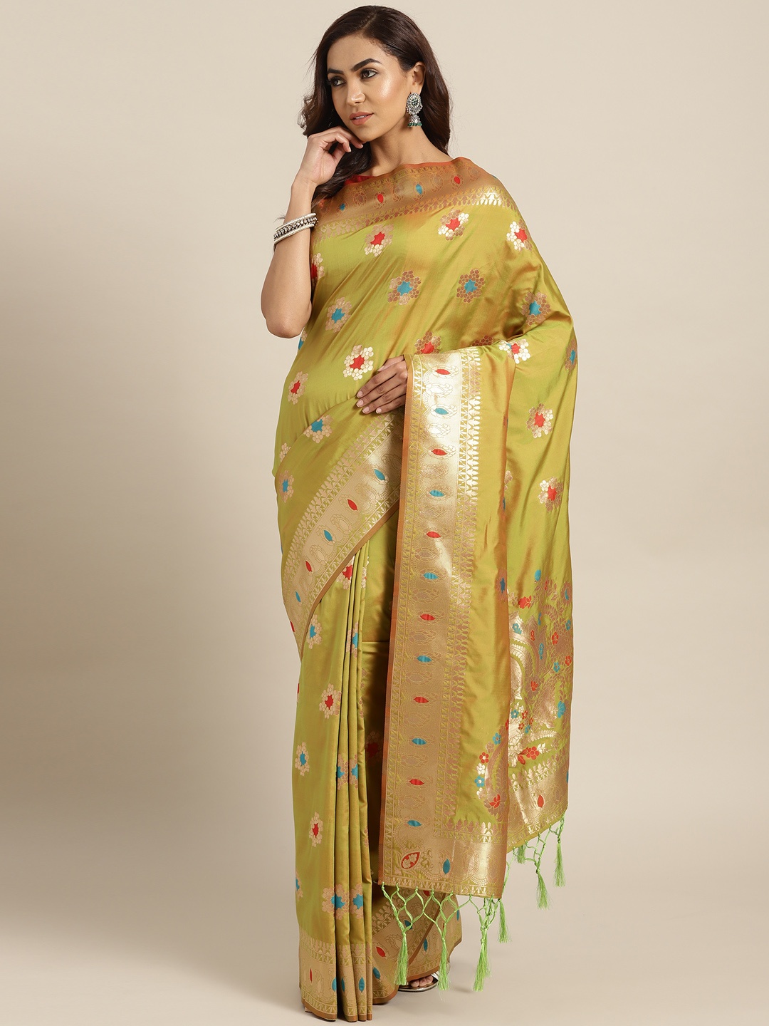 

Chhabra 555 Green & Golden Dual-Toned Woven Design Handloom Banarasi Saree