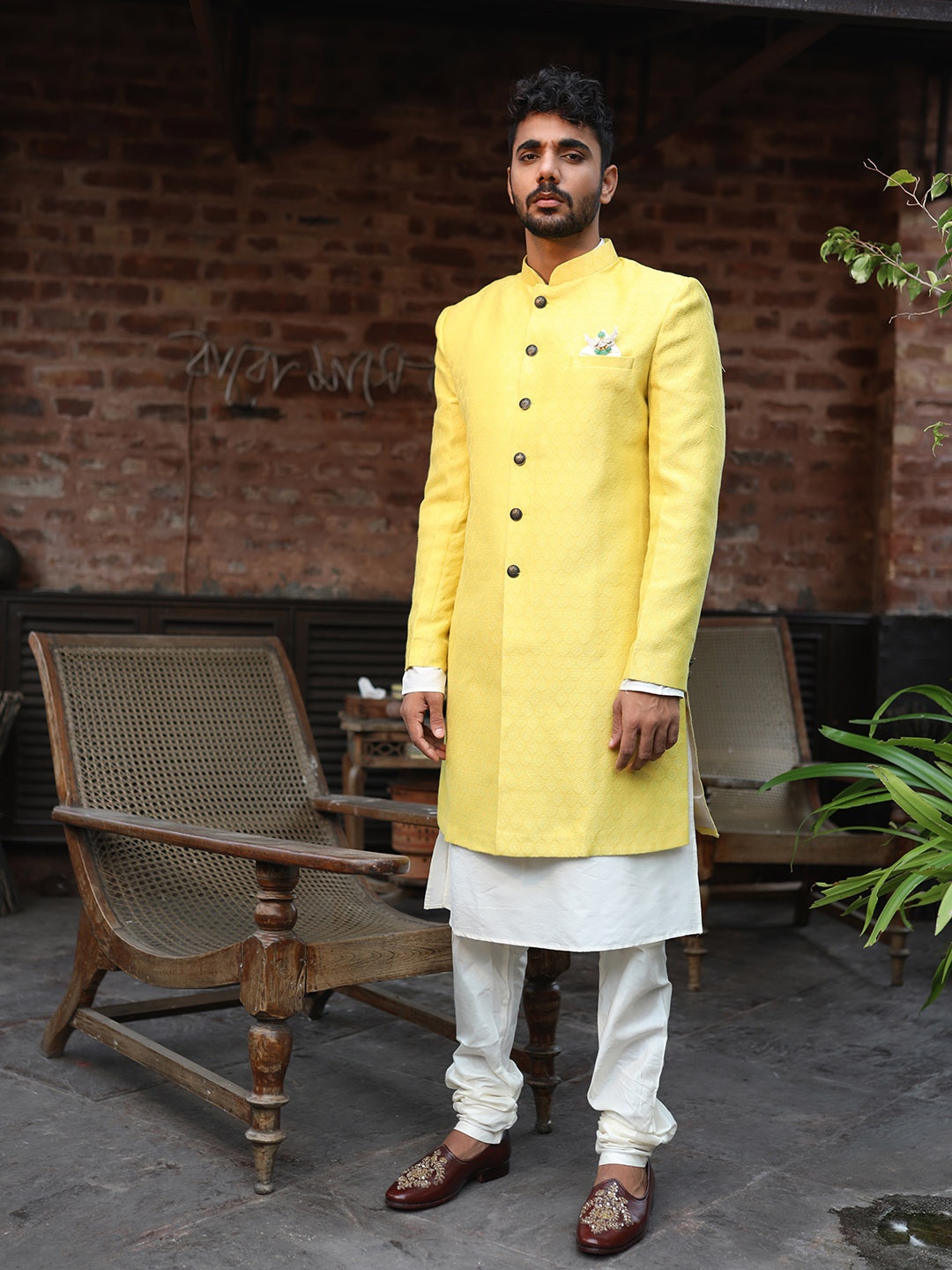 

KISAH Men Woven Design Indowestern Sherwani, Yellow