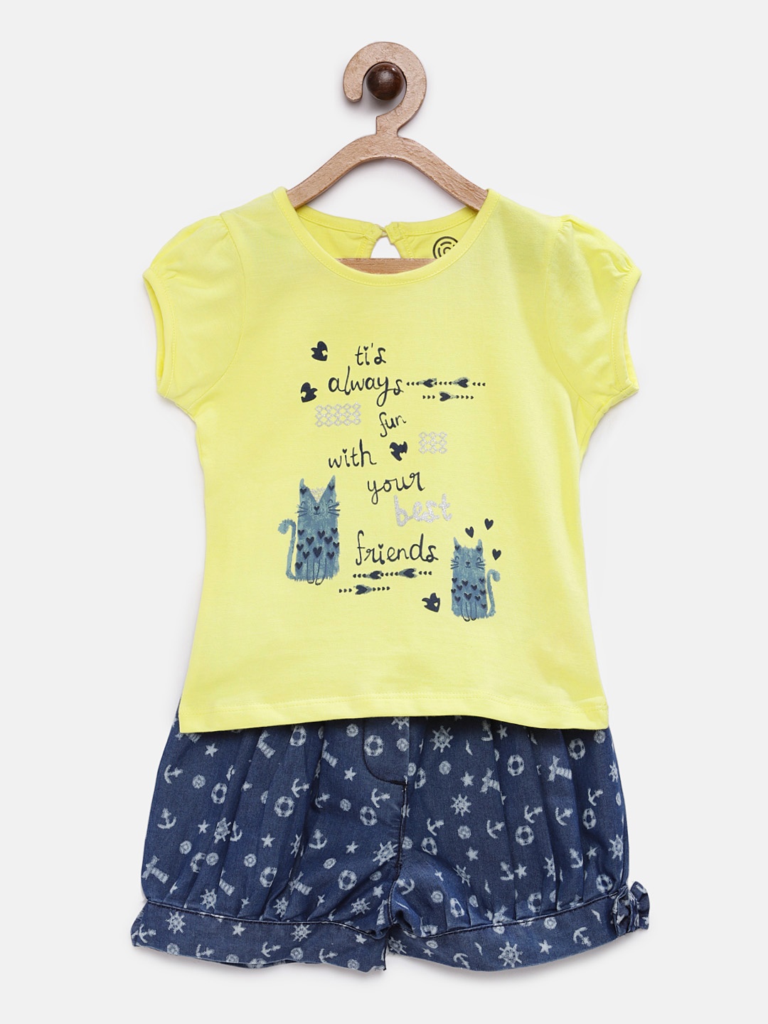 

TAMBOURINE Girls Yellow & Navy Blue Printed Top with Shorts