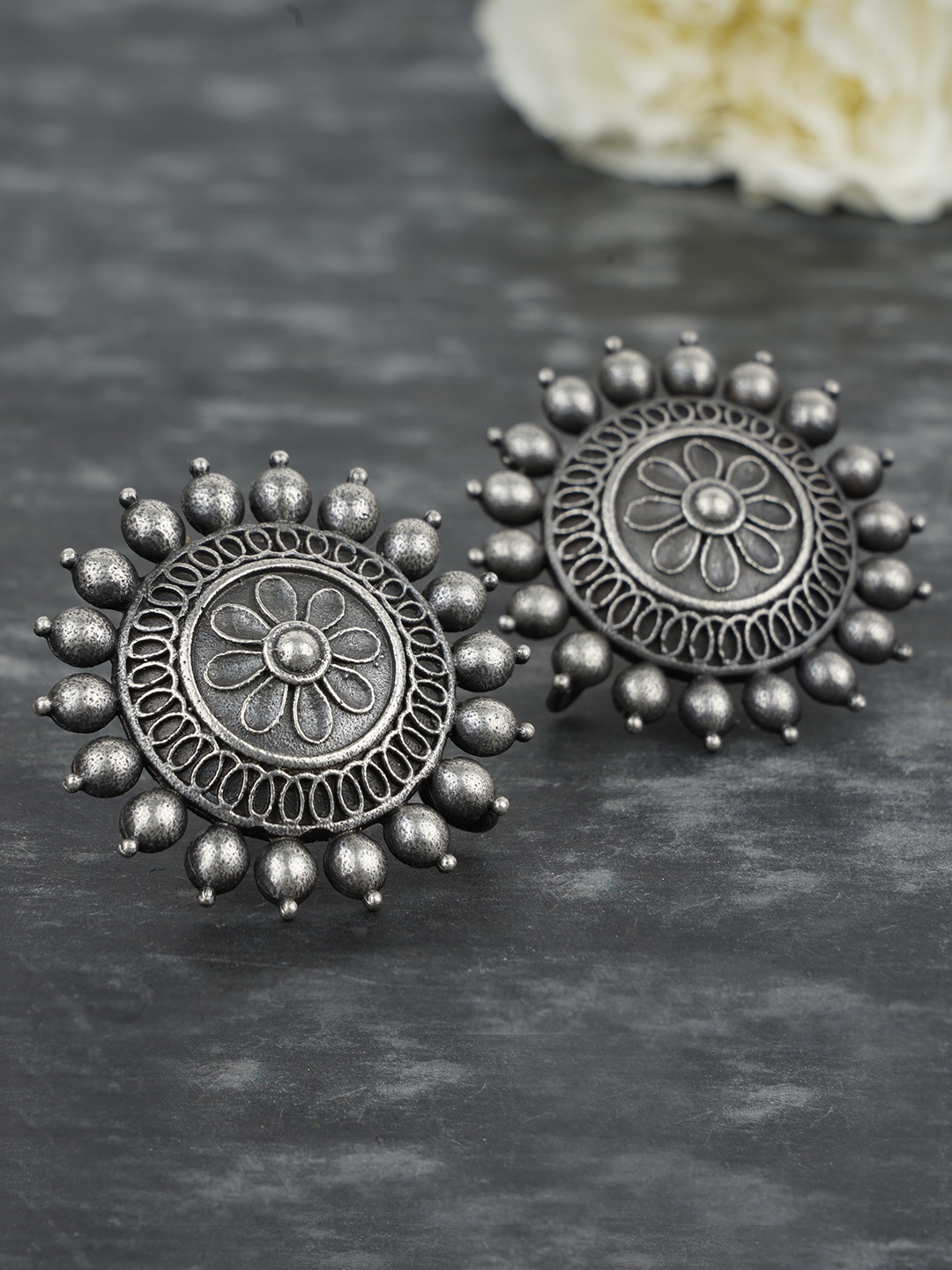 

FIROZA Oxidised Silver-Toned Textured Circular Studs