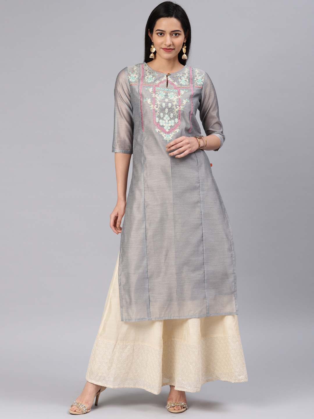 

Alena Women Grey Embroidered Straight Kurta