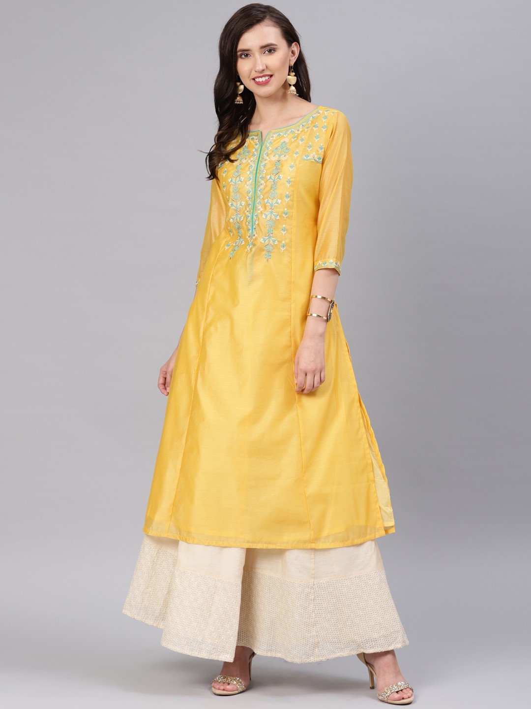 

Alena Women Yellow Yoke Design Straight Kurta