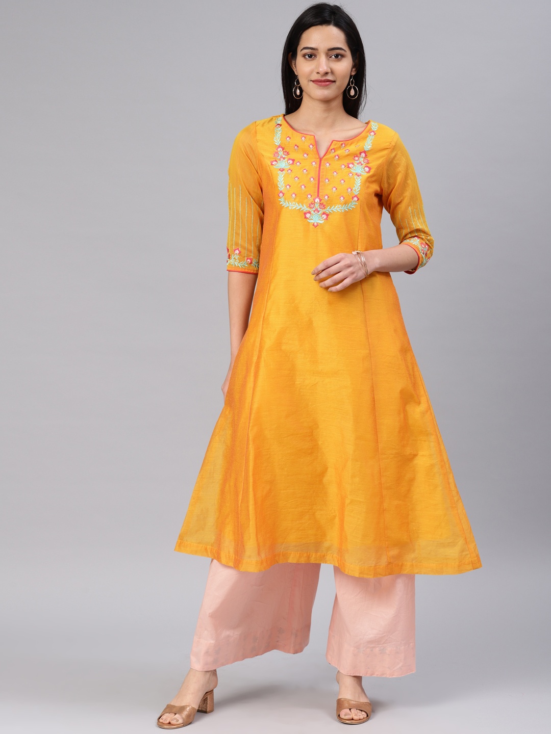 

Alena Women Mustard Yoke Design Straight Kurta
