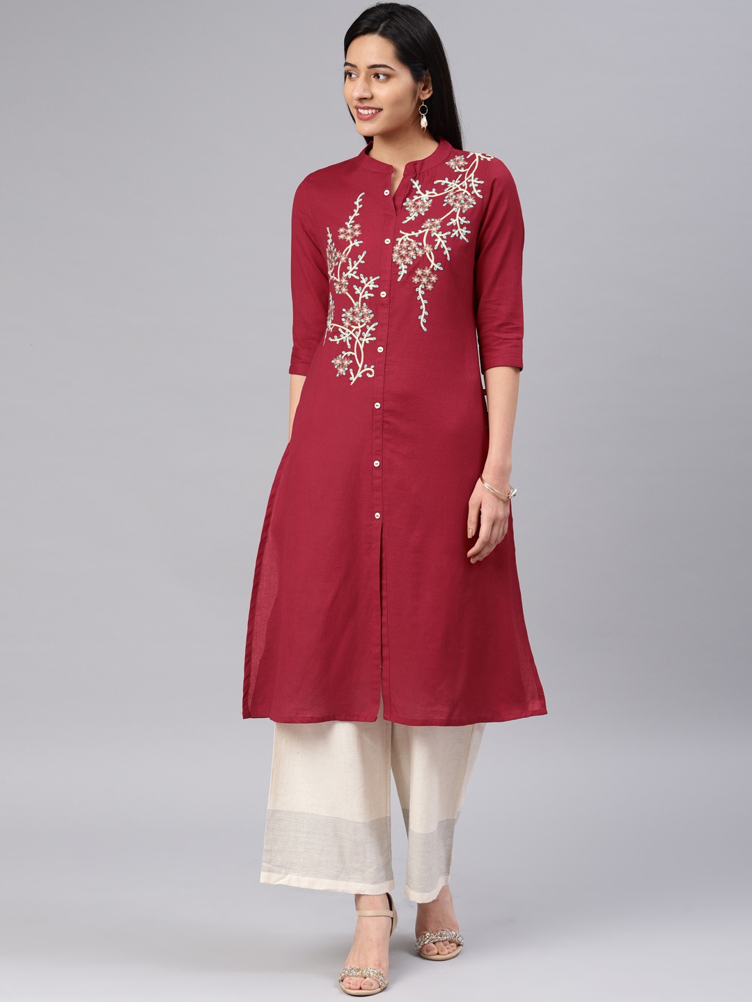 

Alena Women Maroon Embroidered A-Line Kurta