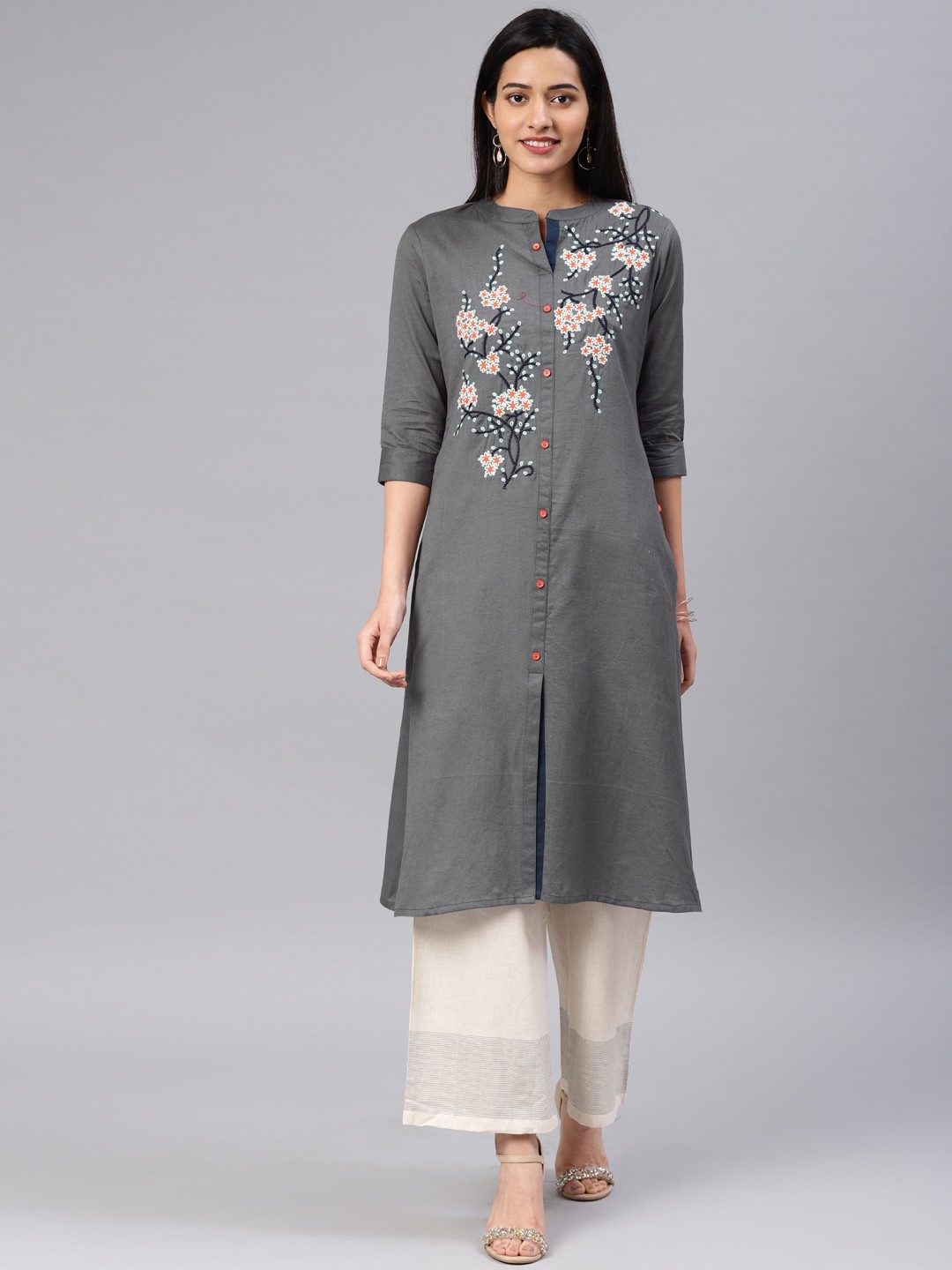 

Alena Women Charcoal Grey Embroidered Straight Kurta