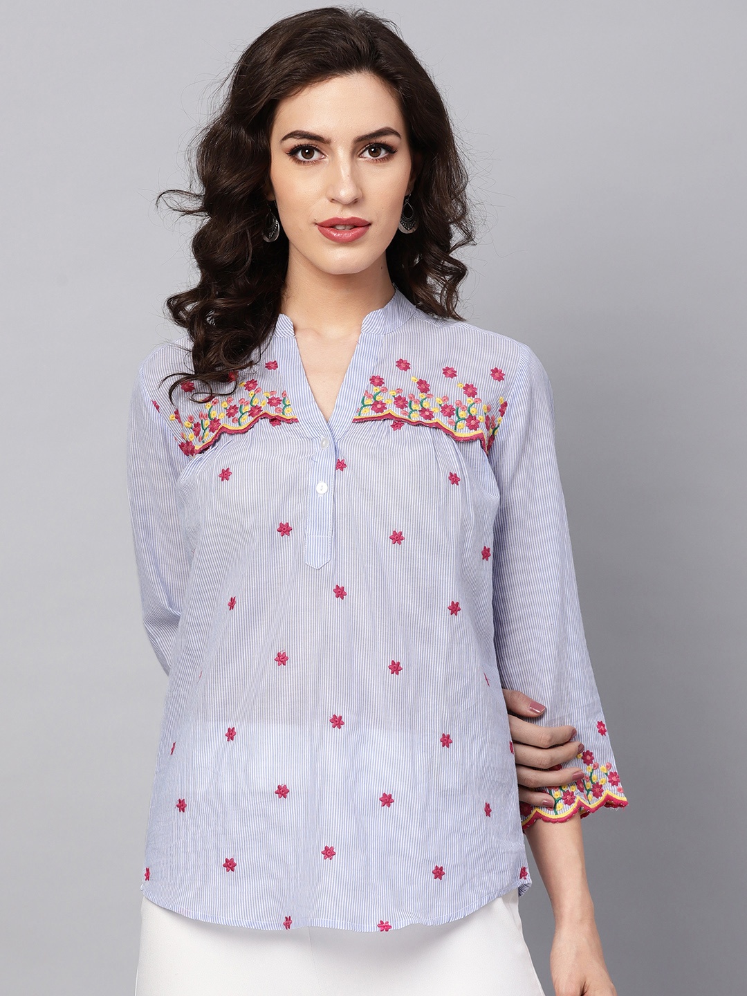 

Bhama Couture Women Blue & White Striped Shirt Style Pure Cotton Top