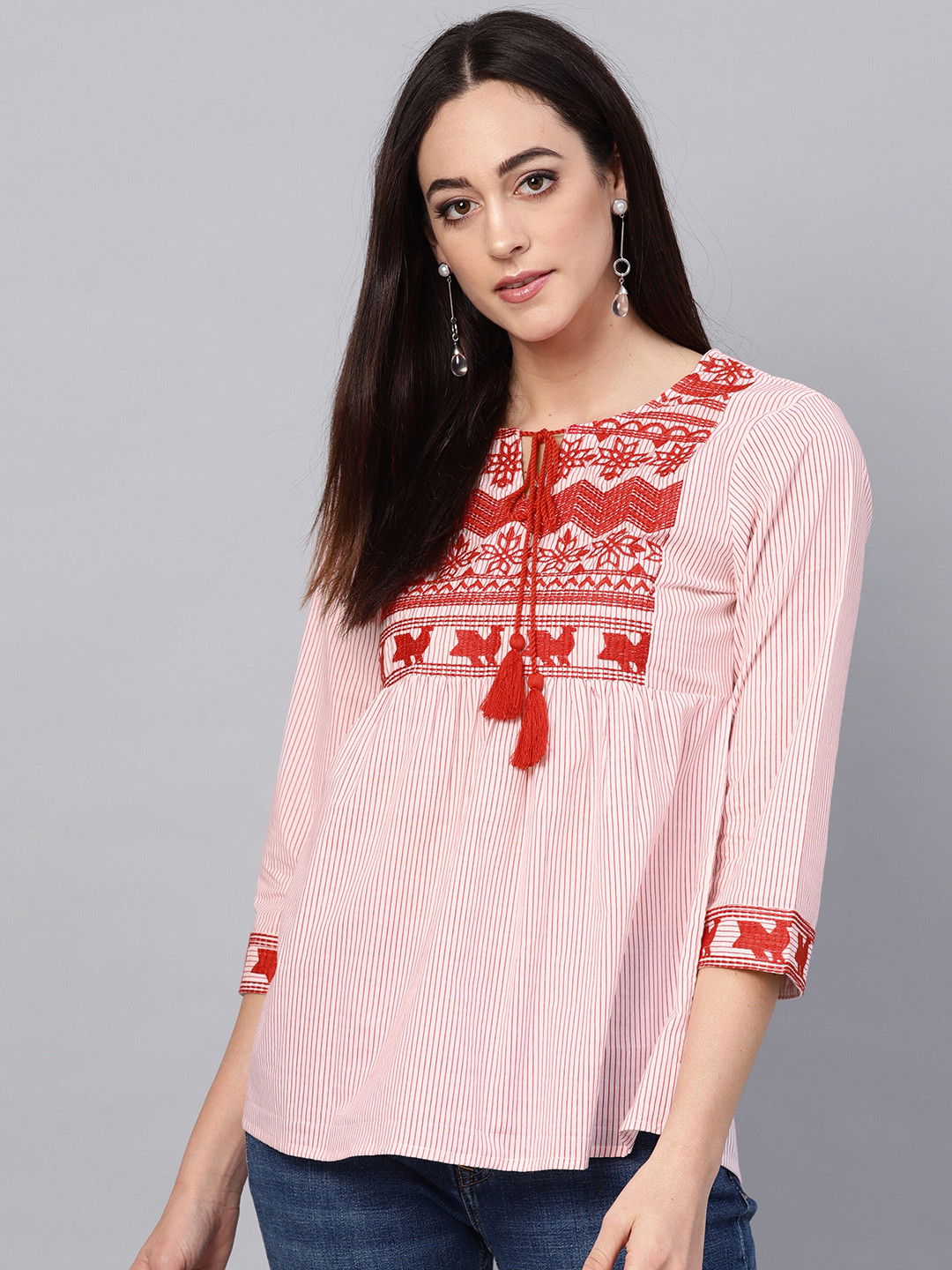 

Bhama Couture Women White and Red Striped Empire Pure Cotton Top