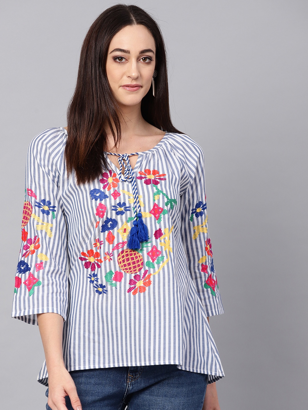 

Bhama Couture Women Navy Blue and White Striped A-line Top