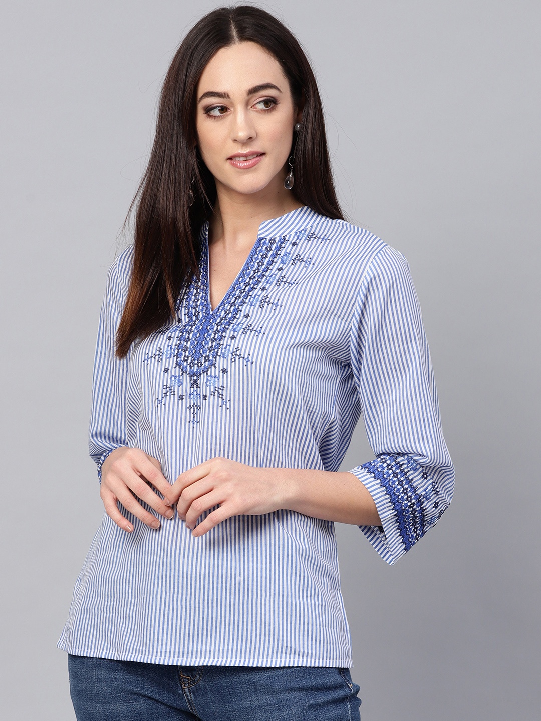 

Bhama Couture Women Blue and White Striped Pure Cotton Top