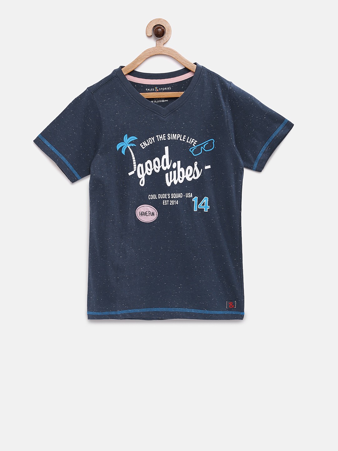 

TALES & STORIES Boys Navy Blue Printed V-Neck T-shirt