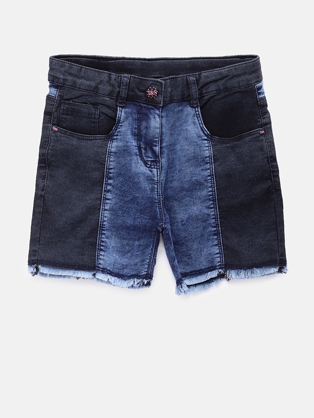 

TALES & STORIES Girls Blue Colourblocked Regular Fit Denim Shorts