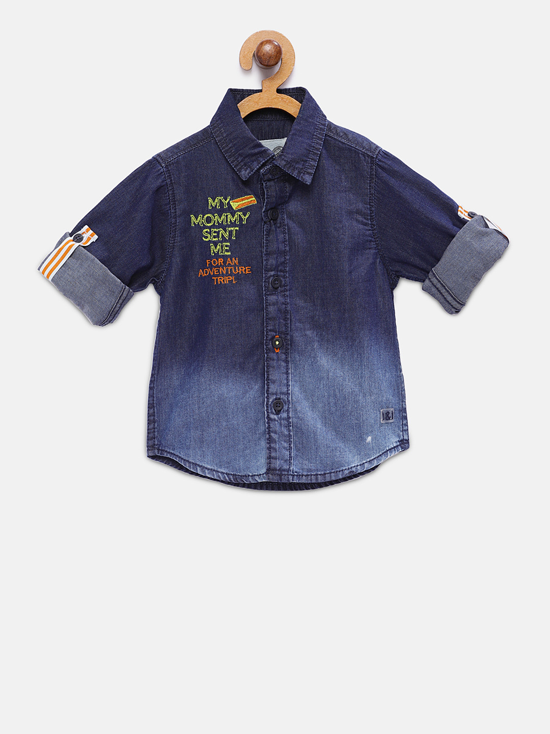 

TALES & STORIES Boys Blue Regular Fit Solid Washed Denim Casual Shirt