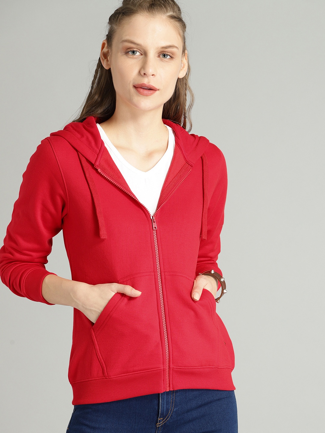

The Roadster Lifestyle Co Women Red Solid Hooded Sweatshirt