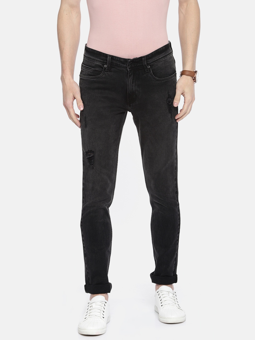 

People Men Black Slim Fit Mid-Rise Mildly Distressed Stretchable Jeans