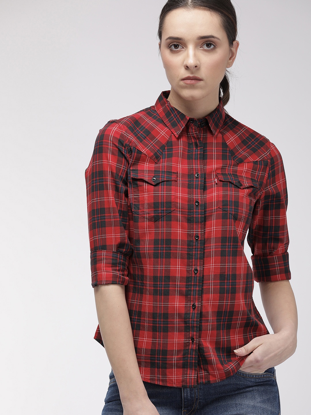 

Levis Women Red & Black Slim Fit Checked Casual Shirt