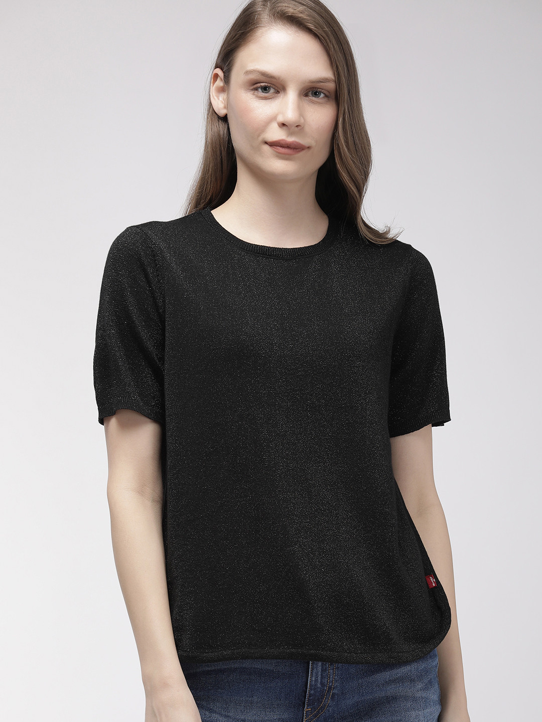 

Levis Women Black Solid Round Neck T-shirt With Shimmer Effect