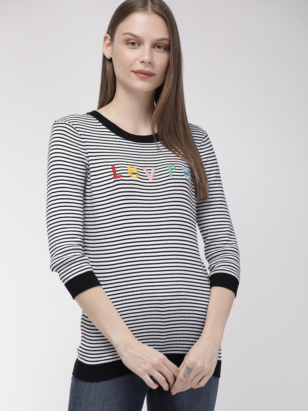 

Levis Women Black Striped Round Neck Pure Cotton T-shirt With Embroidered Detail