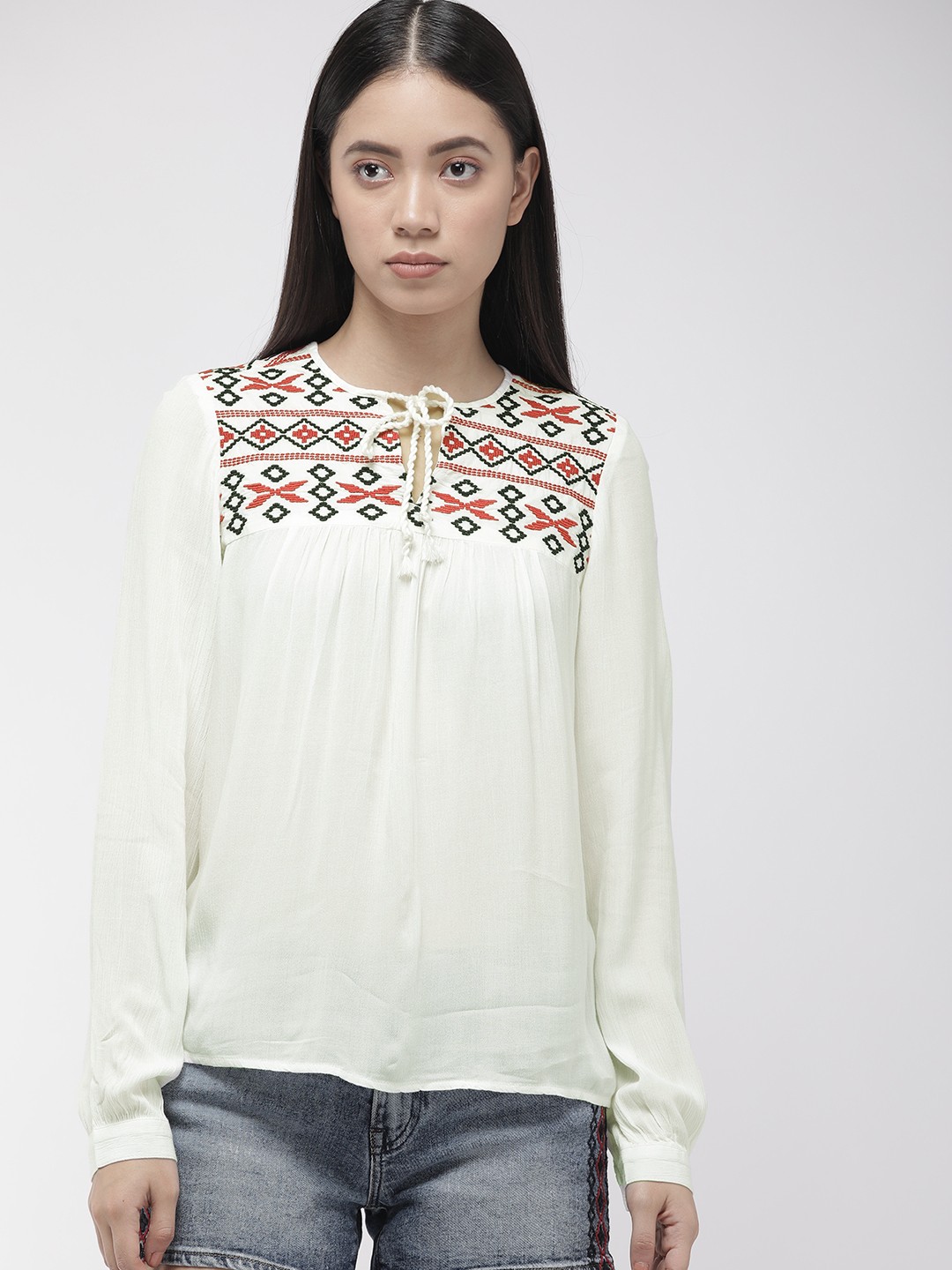 

Levis Women White Embroidered Solid Top