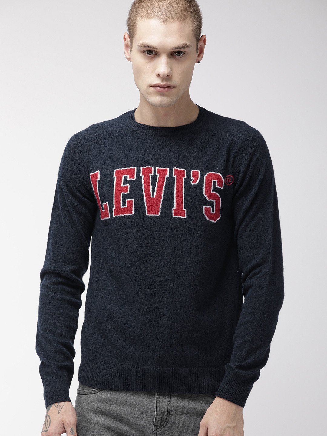 

Levis Men Navy Blue Self Design Pullover Sweater