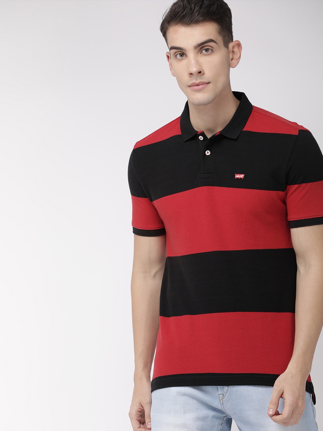 

Levis Men Red Black Striped Polo Collar Pure Cotton T-shirt