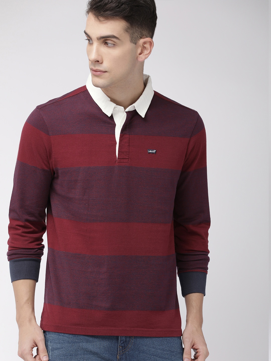 

Levis Men Red Maroon Striped Polo Pure Cotton T-shirt