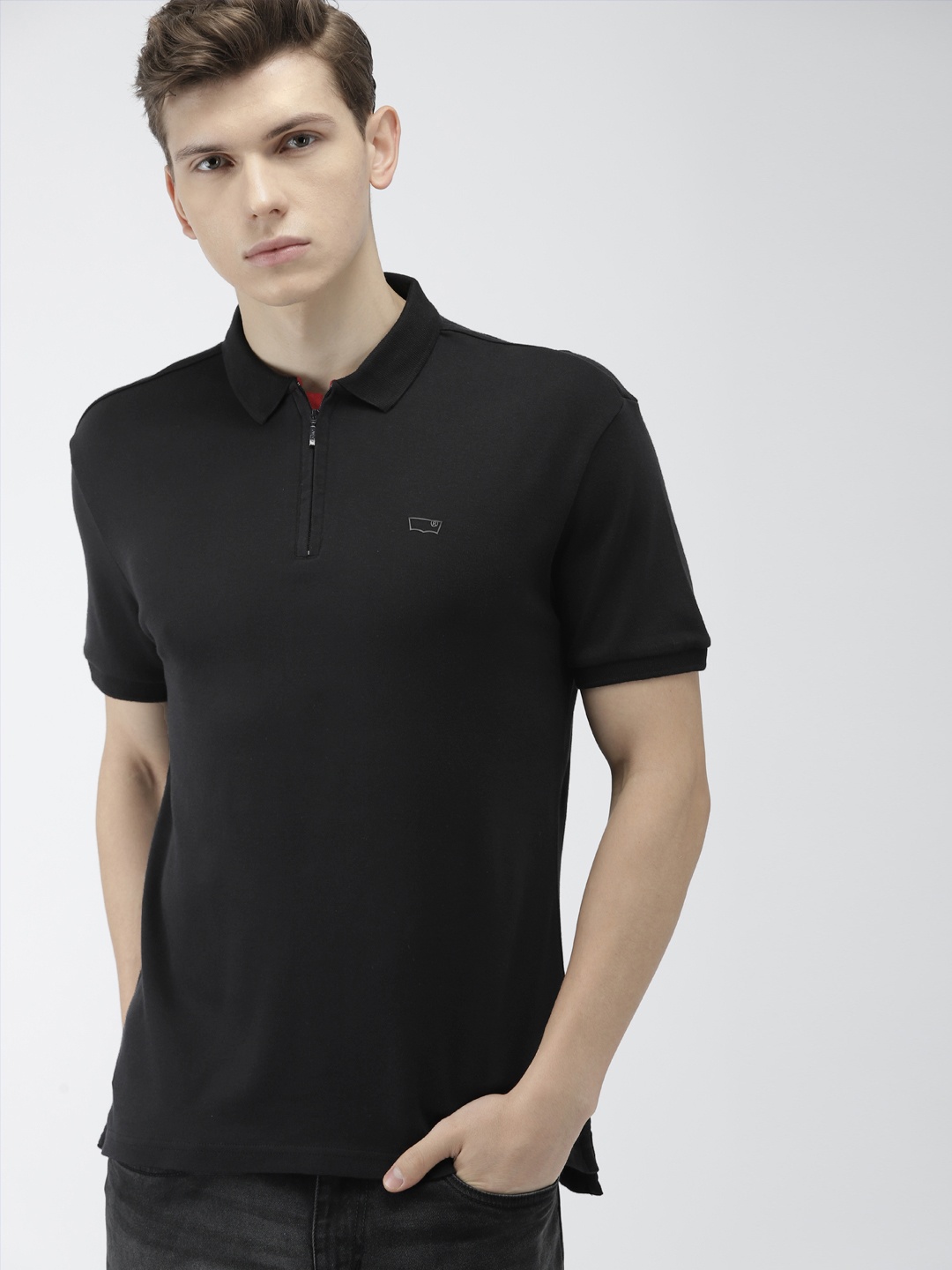 

Levis Men Black Solid Slim Fit Polo Collar Pure Cotton T-shirt