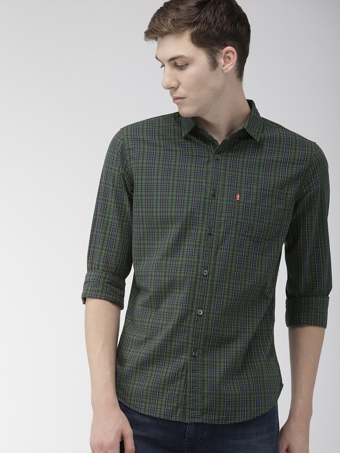 

Levis Men Green & Blue Slim Fit Checked Casual Shirt