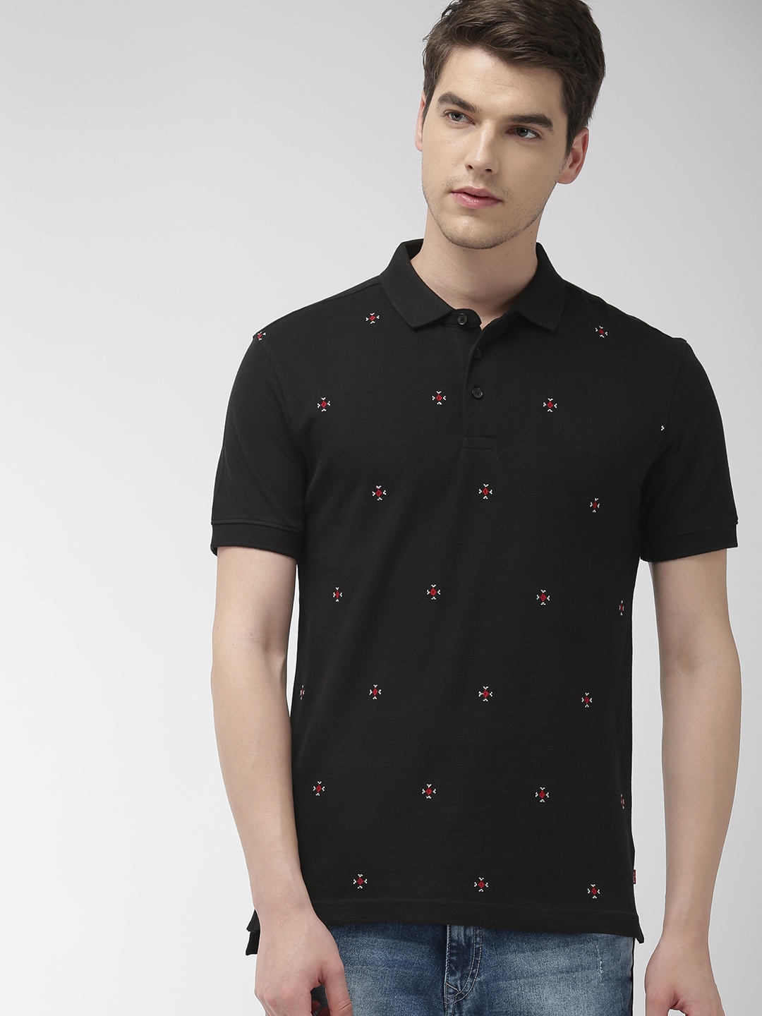 

Levis Men Black Embroidered Slim Fit Polo Collar Pure Cotton T-shirt