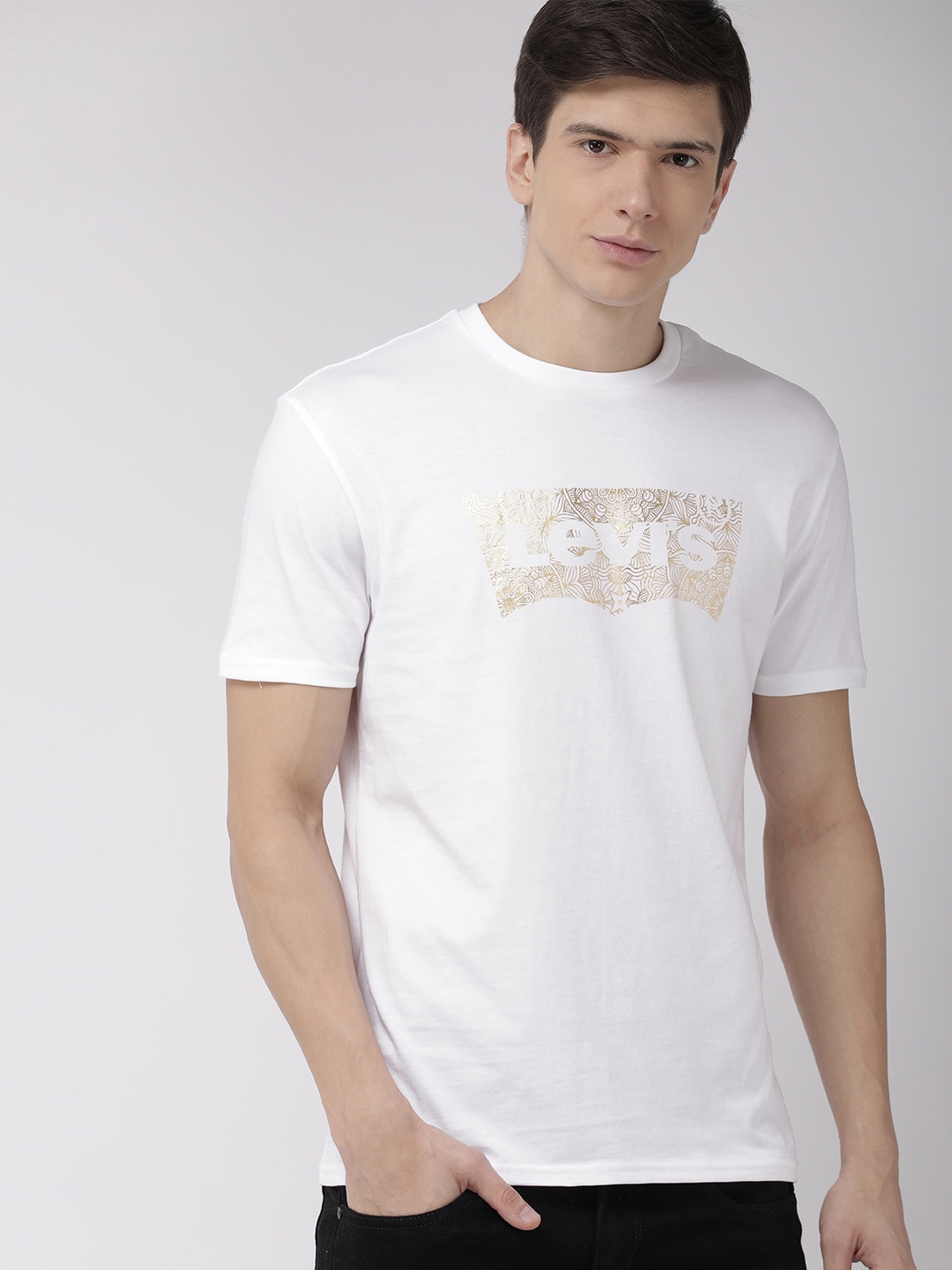 

Levis Men White Printed Round Neck Pure Cotton T-shirt