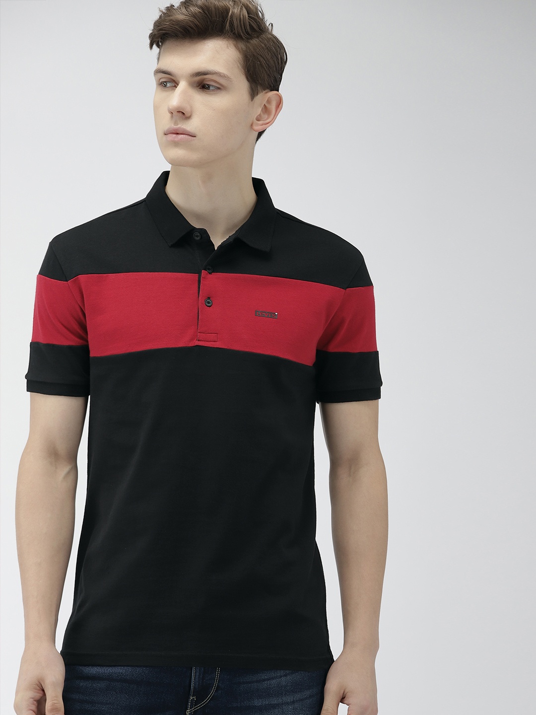 

Levis Men Black Red Colourblocked Slim Fit Polo Collar Pure Cotton T-shirt