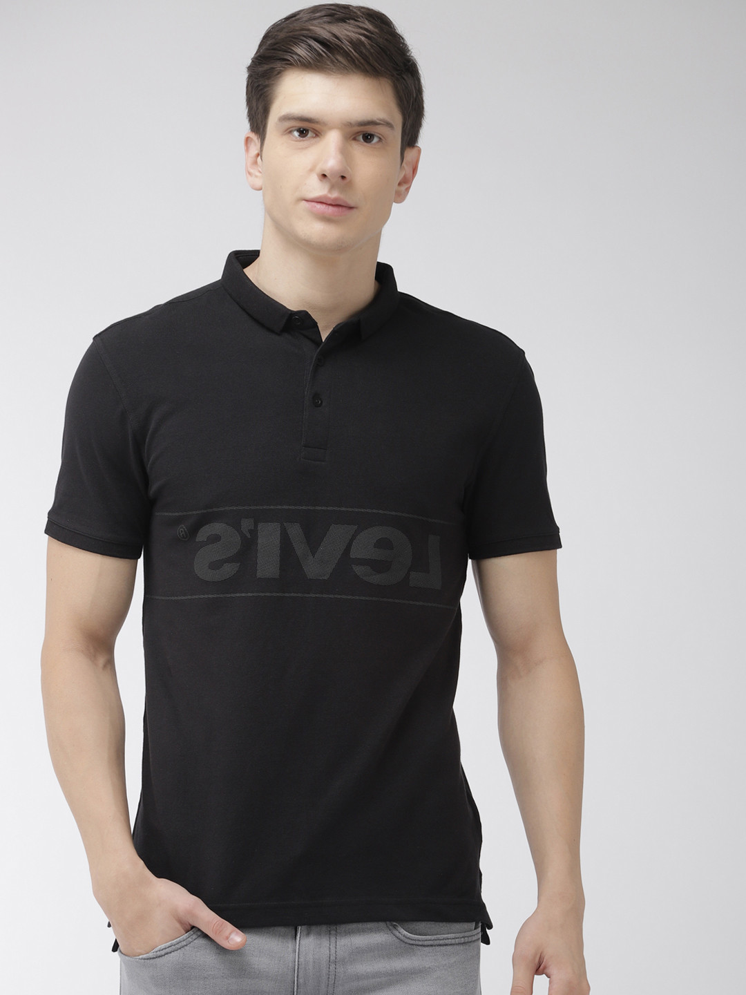 

Levis Men Black Printed Polo Collar T-shirt