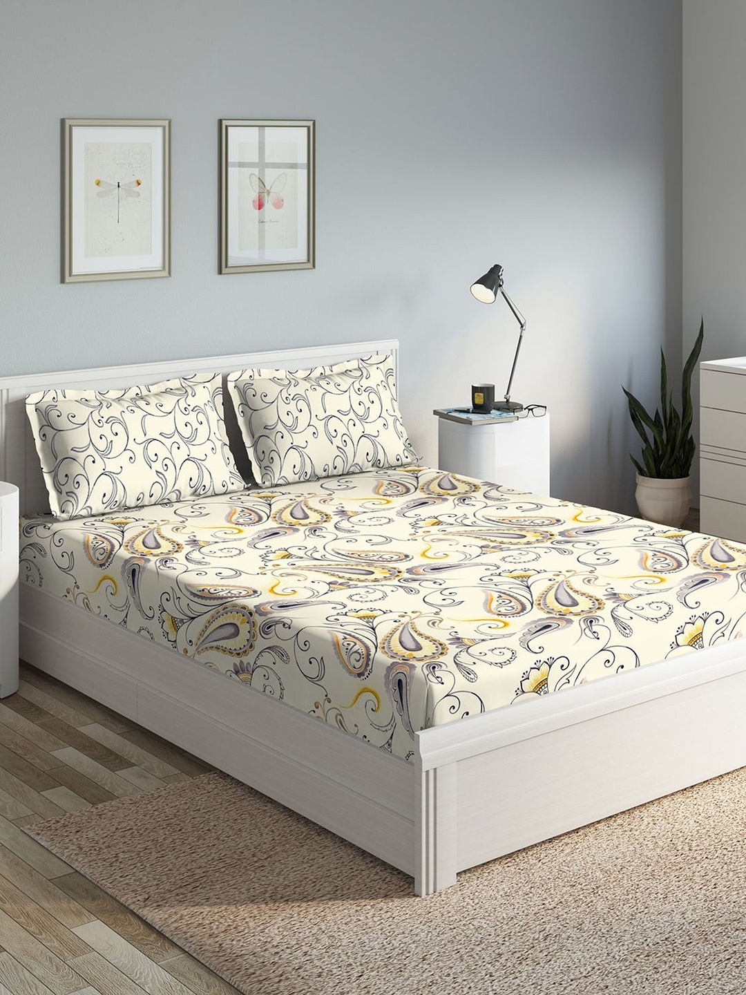 

DDecor Yellow Ethnic Motifs 144 TC Cotton 1 Queen Bedsheet with 2 Pillow Covers
